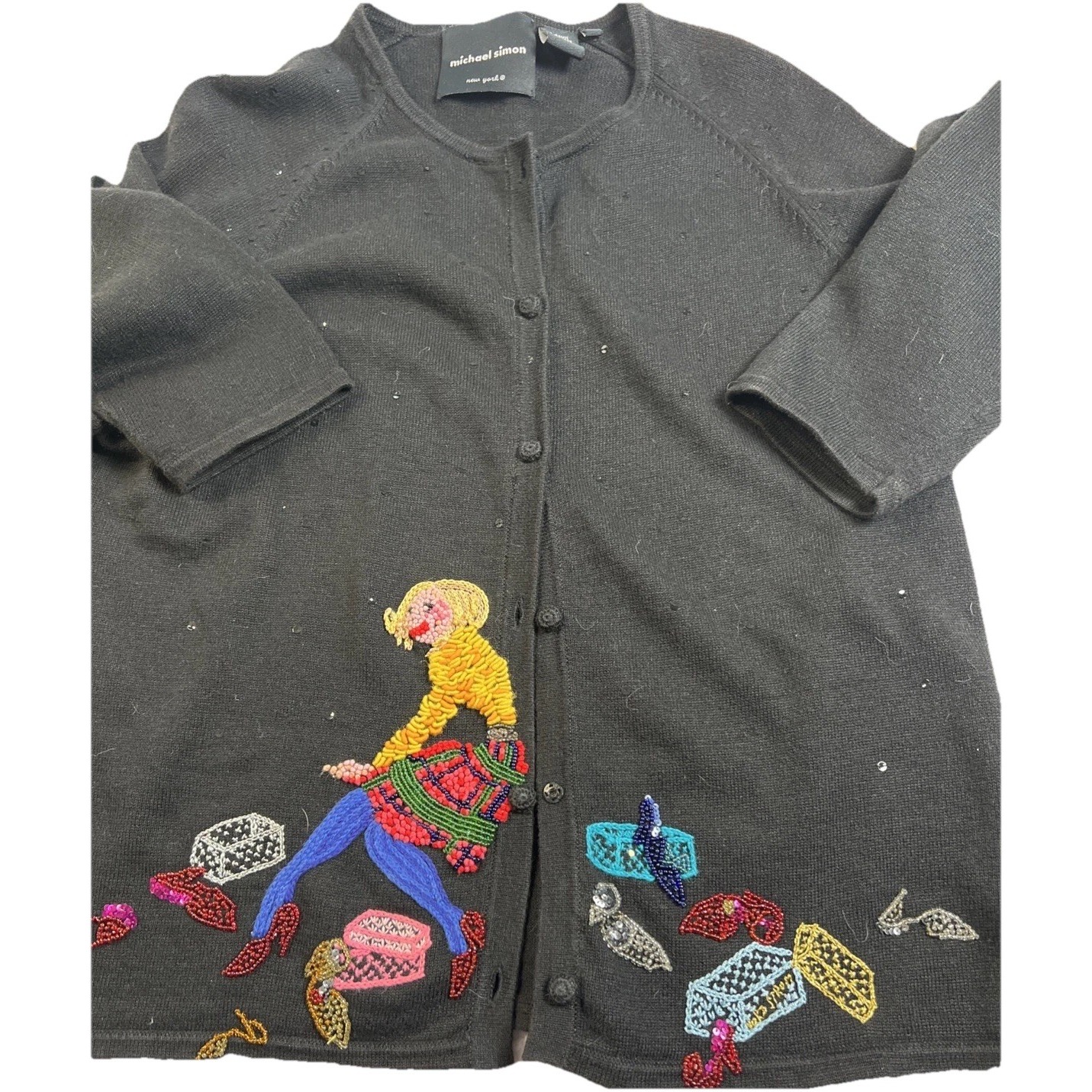 Vtg Michael Simon Sweater Cardigan Wearable Art Woman W Shoes L Black Sequins